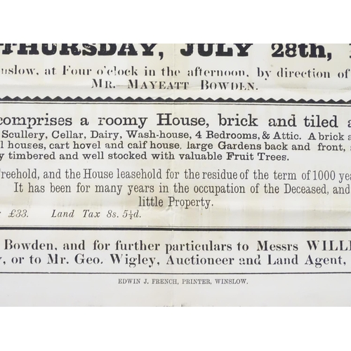 680 - Buckinghamshire local interest : a Victorian auction poster, ' Swanbourne, a house with large garden... 