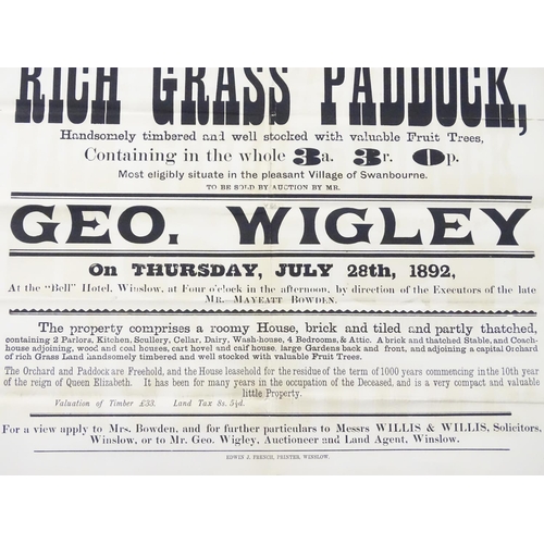 680 - Buckinghamshire local interest : a Victorian auction poster, ' Swanbourne, a house with large garden... 