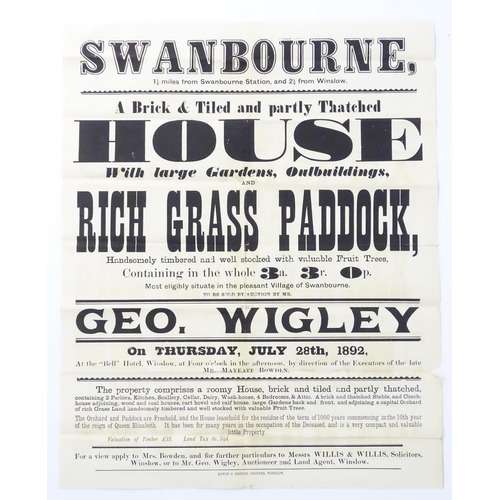 680 - Buckinghamshire local interest : a Victorian auction poster, ' Swanbourne, a house with large garden... 