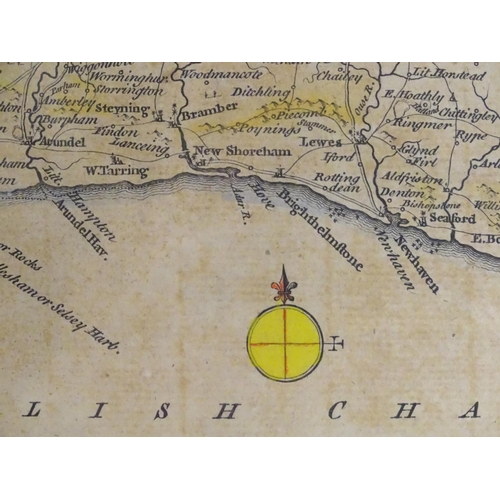 692 - Map: An 18thC hand coloured map of Sussex engraved by Thomas Kitchin (1718-1784) and published in He... 