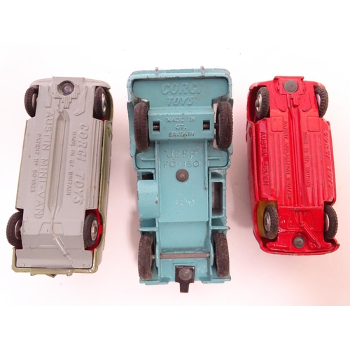 702 - Toys: Three Corgi Toys die cast scale model vehicles / cars, comprising Forward Control Jeep FC-150,... 