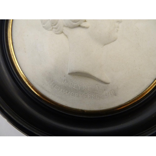 807 - A French 19thC Sevres bisque porcelain / parian ware medallion depicting a profile portrait bust in ... 