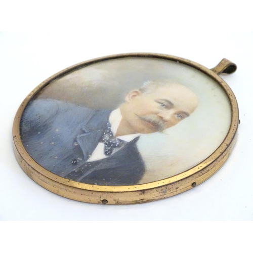 816 - A late 19th / early 20thC oval watercolour and bodycolour portrait miniature depicting a gentleman w... 