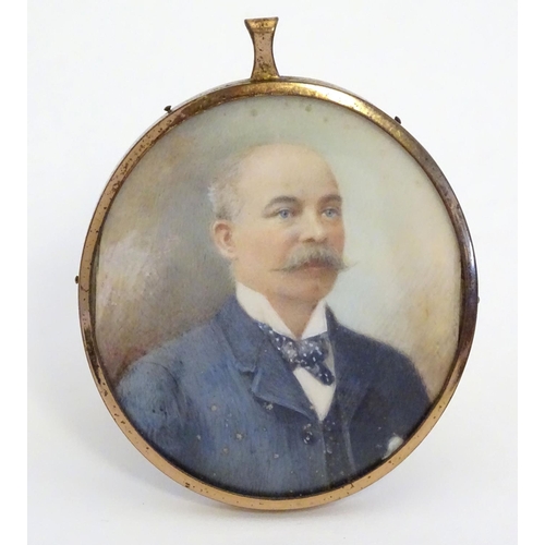 816 - A late 19th / early 20thC oval watercolour and bodycolour portrait miniature depicting a gentleman w... 