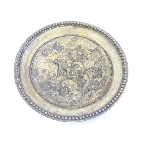 822 - A cast decorative plate depicting the triumph of the sea god Neptune in his chariot with mermaid and... 