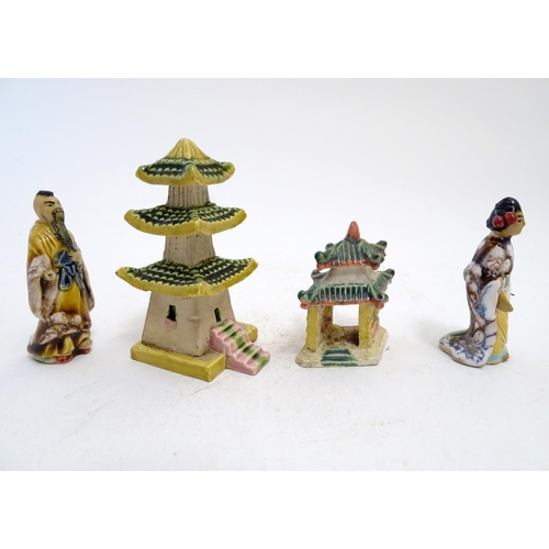 838 - Four French hand painted ceramic items inspired by Japanese culture comprising two pagoda buildings,... 