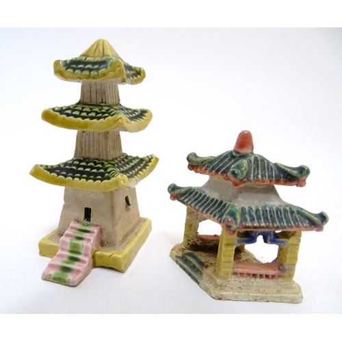 838 - Four French hand painted ceramic items inspired by Japanese culture comprising two pagoda buildings,... 