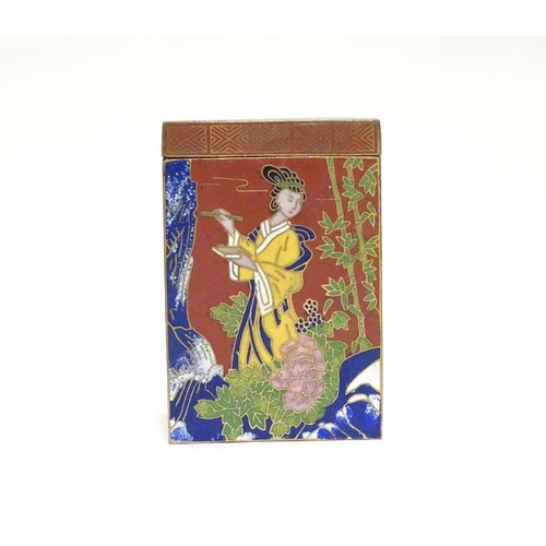 853 - A Japanese cloisonne lidded pot of squared form, each side depicting Geisha style girls in landscape... 