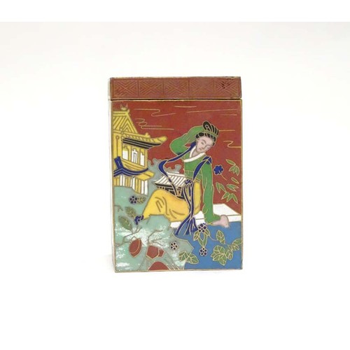 853 - A Japanese cloisonne lidded pot of squared form, each side depicting Geisha style girls in landscape... 