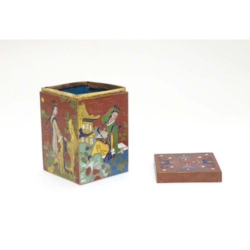 853 - A Japanese cloisonne lidded pot of squared form, each side depicting Geisha style girls in landscape... 