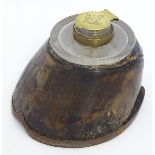 890 - An inkwell formed from a horse hoof and having a brass lid to inkwell engraved with Masonic symbols ... 