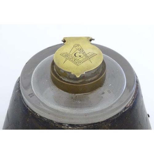 890 - An inkwell formed from a horse hoof and having a brass lid to inkwell engraved with Masonic symbols ... 