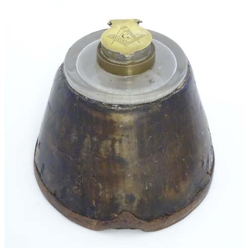 890 - An inkwell formed from a horse hoof and having a brass lid to inkwell engraved with Masonic symbols ... 