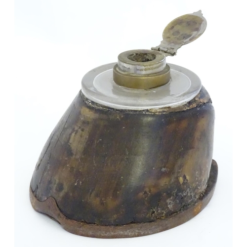 890 - An inkwell formed from a horse hoof and having a brass lid to inkwell engraved with Masonic symbols ... 