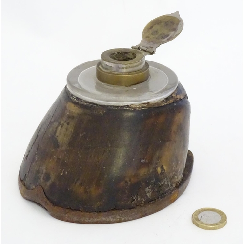 890 - An inkwell formed from a horse hoof and having a brass lid to inkwell engraved with Masonic symbols ... 