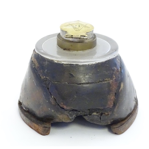 890 - An inkwell formed from a horse hoof and having a brass lid to inkwell engraved with Masonic symbols ... 