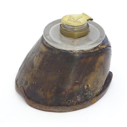 890 - An inkwell formed from a horse hoof and having a brass lid to inkwell engraved with Masonic symbols ... 