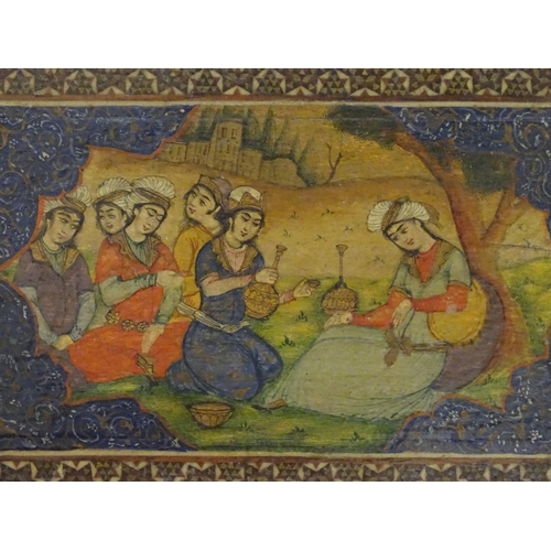 916 - A late 19th / 20thC Indian painting depicting a figures seated in a landscape, with vizagapatam styl... 