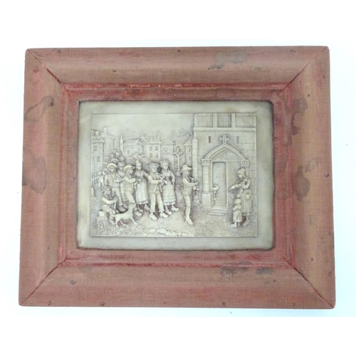 950 - Two Victorian wax plaques with relief and bas relief decoration, one depicting country folk dancing ... 