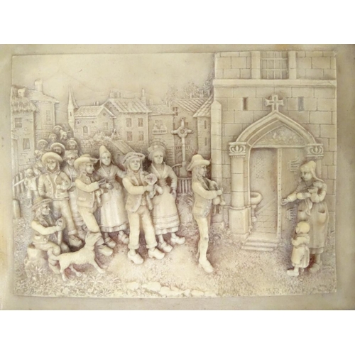 950 - Two Victorian wax plaques with relief and bas relief decoration, one depicting country folk dancing ... 