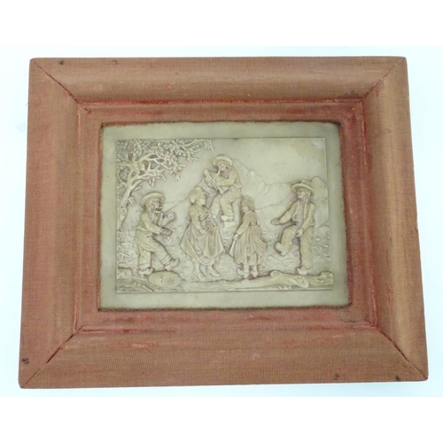 950 - Two Victorian wax plaques with relief and bas relief decoration, one depicting country folk dancing ... 