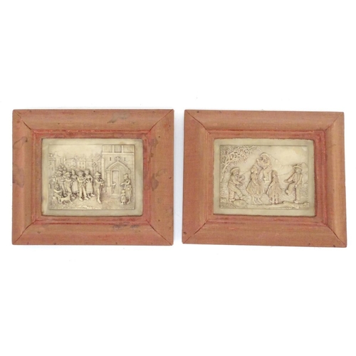 950 - Two Victorian wax plaques with relief and bas relief decoration, one depicting country folk dancing ... 