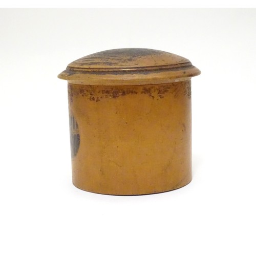 964 - A 19thC Mauchline ware treen pot / container with a domed lid decorated with a view of Cemetery Stir... 