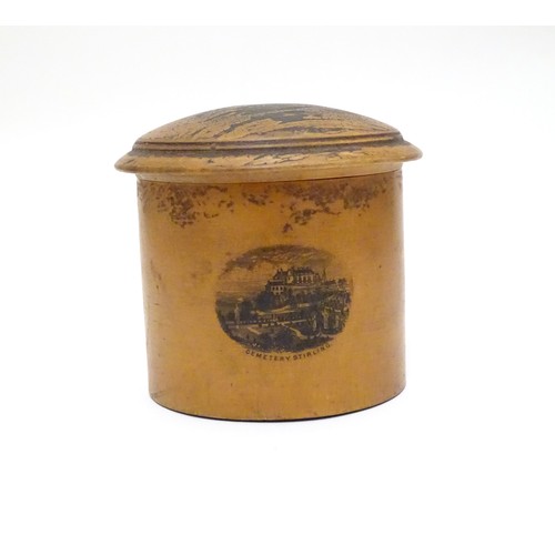 964 - A 19thC Mauchline ware treen pot / container with a domed lid decorated with a view of Cemetery Stir... 