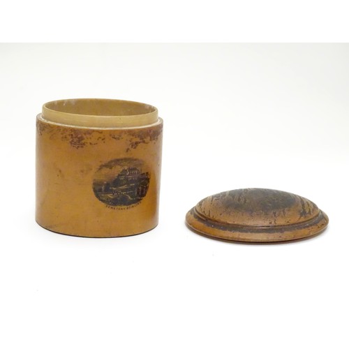 964 - A 19thC Mauchline ware treen pot / container with a domed lid decorated with a view of Cemetery Stir... 