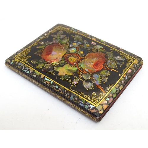 1009 - A Victorian papier mache aide de memoir case decorated with flowers, roses and foliage with inlaid s... 