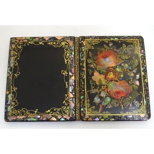 1009 - A Victorian papier mache aide de memoir case decorated with flowers, roses and foliage with inlaid s... 