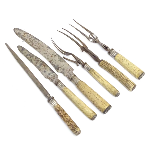 1126 - Six Victorian antler handled carving forks & knives, five having silver collars, hallmarked Sheffiel... 