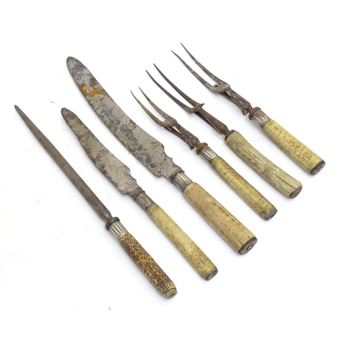 1126 - Six Victorian antler handled carving forks & knives, five having silver collars, hallmarked Sheffiel... 