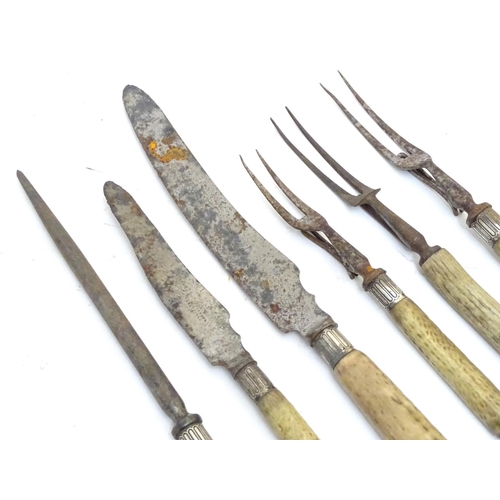 1126 - Six Victorian antler handled carving forks & knives, five having silver collars, hallmarked Sheffiel... 