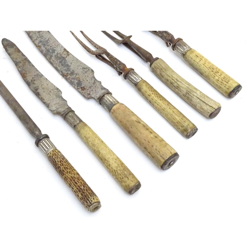 1126 - Six Victorian antler handled carving forks & knives, five having silver collars, hallmarked Sheffiel... 