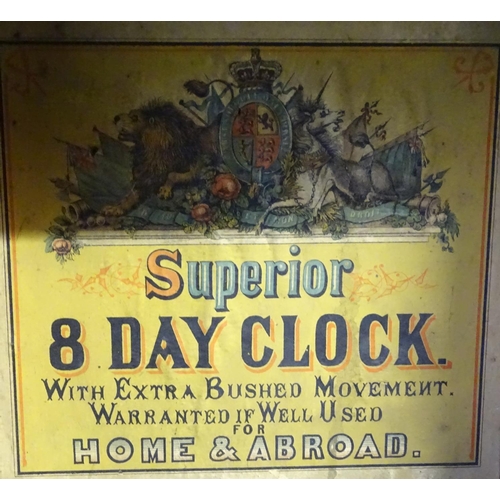 1185 - An American early 20thC 8-day drop dial wall clock, the case decorated with rosewood and boxwood mar... 