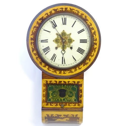 1185 - An American early 20thC 8-day drop dial wall clock, the case decorated with rosewood and boxwood mar... 