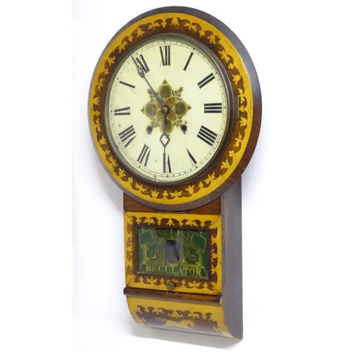 1185 - An American early 20thC 8-day drop dial wall clock, the case decorated with rosewood and boxwood mar... 