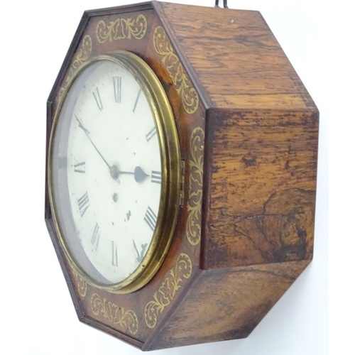 1190 - A Regency wall clock, the octagonal shaped rosewood case with inlaid brass detail and having a fusee... 