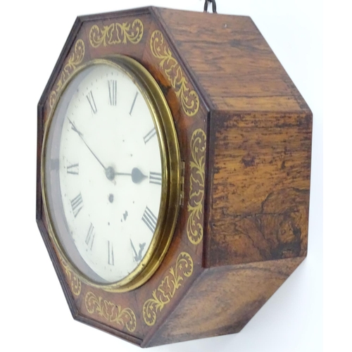 1190 - A Regency wall clock, the octagonal shaped rosewood case with inlaid brass detail and having a fusee... 