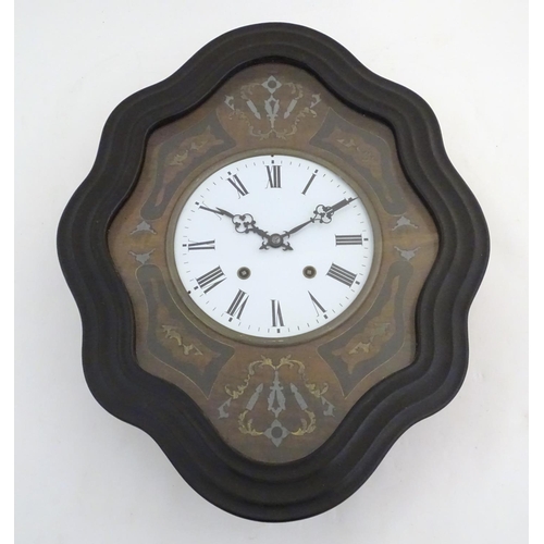 1195 - A 19thC French vineyard wall clock, the ebonised case with glazed panel over ebony, brass and abalon... 