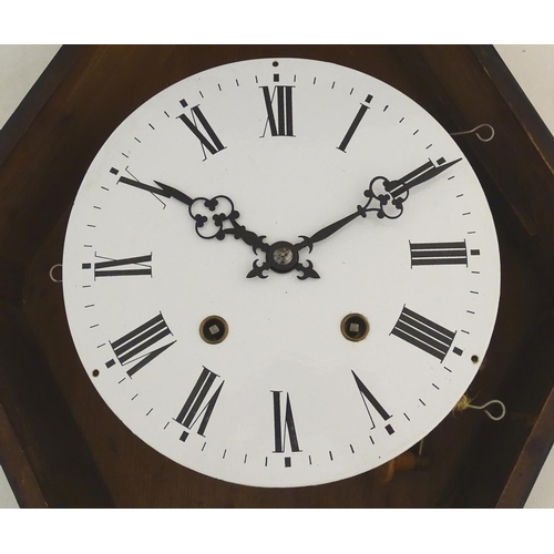 1195 - A 19thC French vineyard wall clock, the ebonised case with glazed panel over ebony, brass and abalon... 