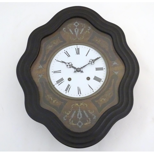 1195 - A 19thC French vineyard wall clock, the ebonised case with glazed panel over ebony, brass and abalon... 