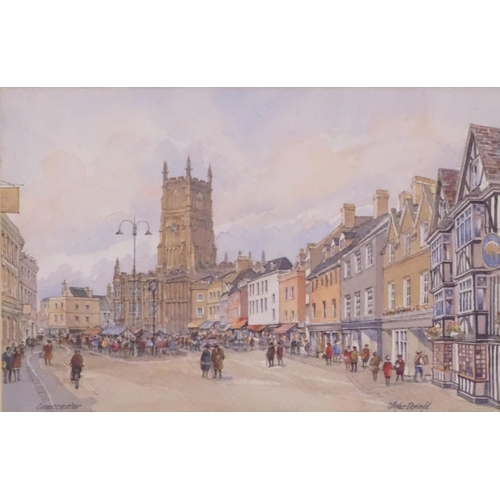 1682B - J. MacDonald, XX, Coloured print, Cirencester, Market day in a bustling town square. Facsimile signa... 