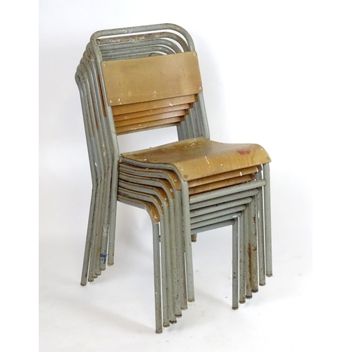 1227 - Vintage Retro, Mid Century: a set of six Remploy stacking chairs, of steel construction with plywood... 