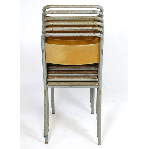 1227 - Vintage Retro, Mid Century: a set of six Remploy stacking chairs, of steel construction with plywood... 