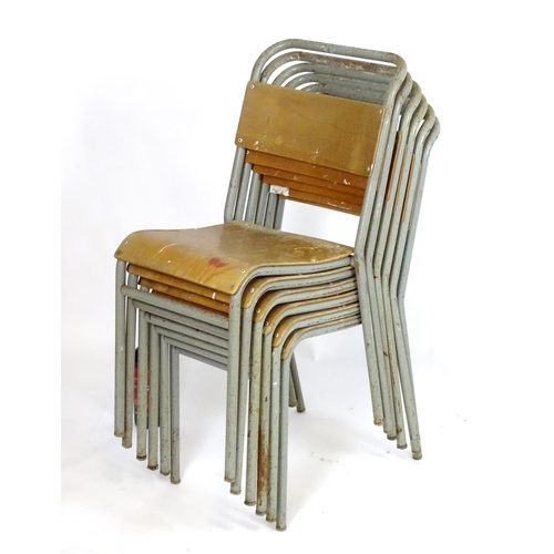 1227 - Vintage Retro, Mid Century: a set of six Remploy stacking chairs, of steel construction with plywood... 