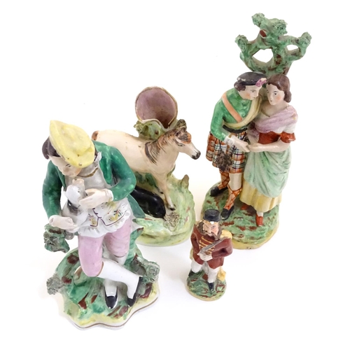 68 - Three assorted Staffordshire figures, comprising a bud vase with horse and foal, a highland couple a... 