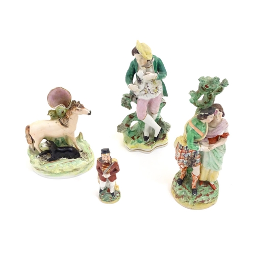 68 - Three assorted Staffordshire figures, comprising a bud vase with horse and foal, a highland couple a... 