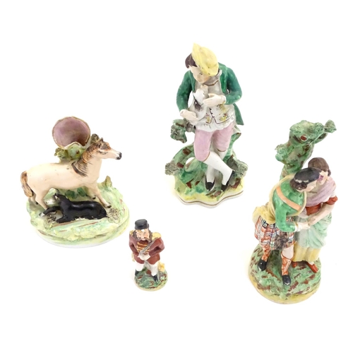 68 - Three assorted Staffordshire figures, comprising a bud vase with horse and foal, a highland couple a... 